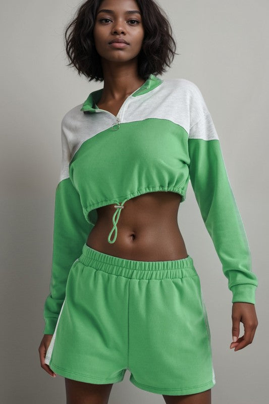 Sporty crop long sleeve top & short set